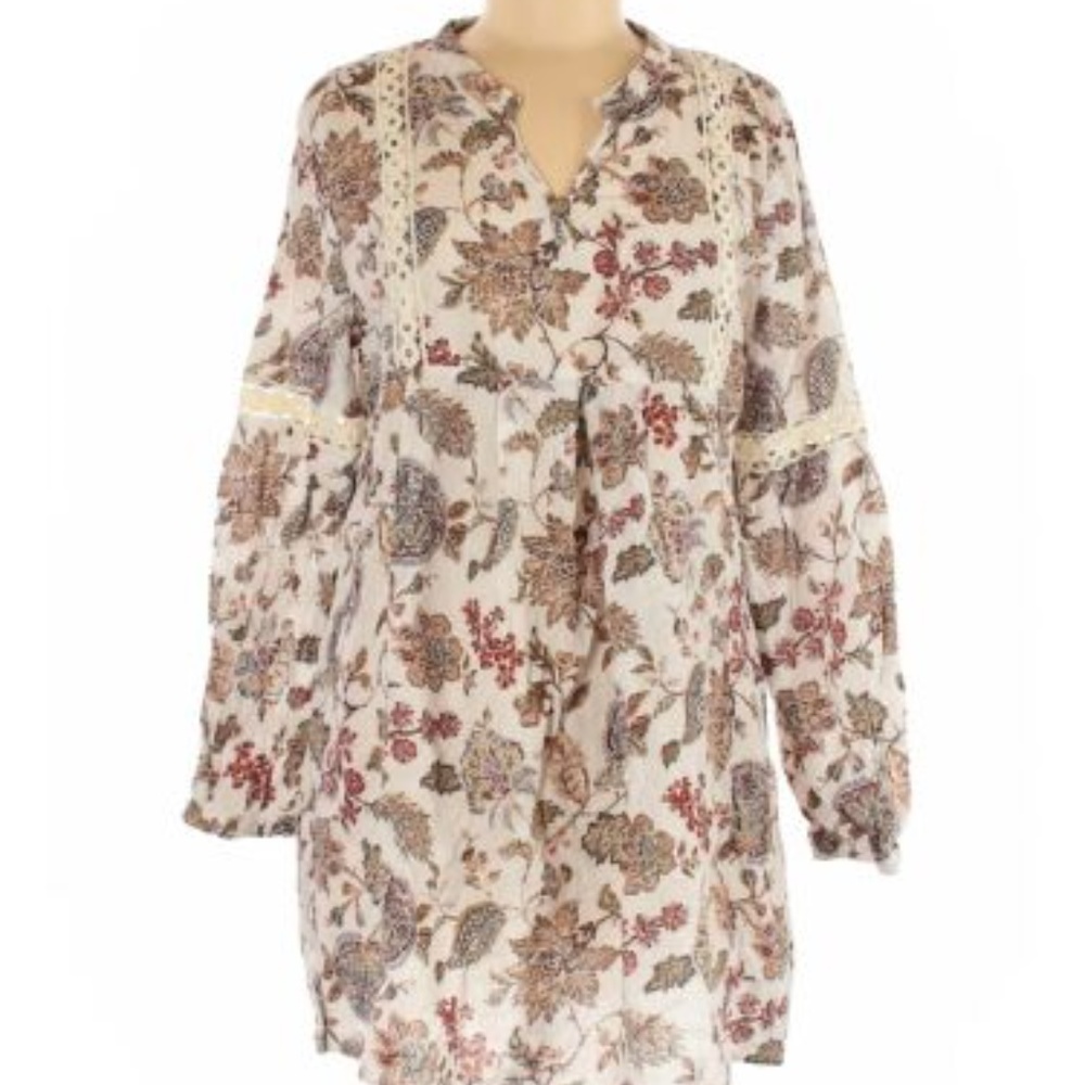 Tassels N Lace Ivory Floral V Neck Boho Tunic Top